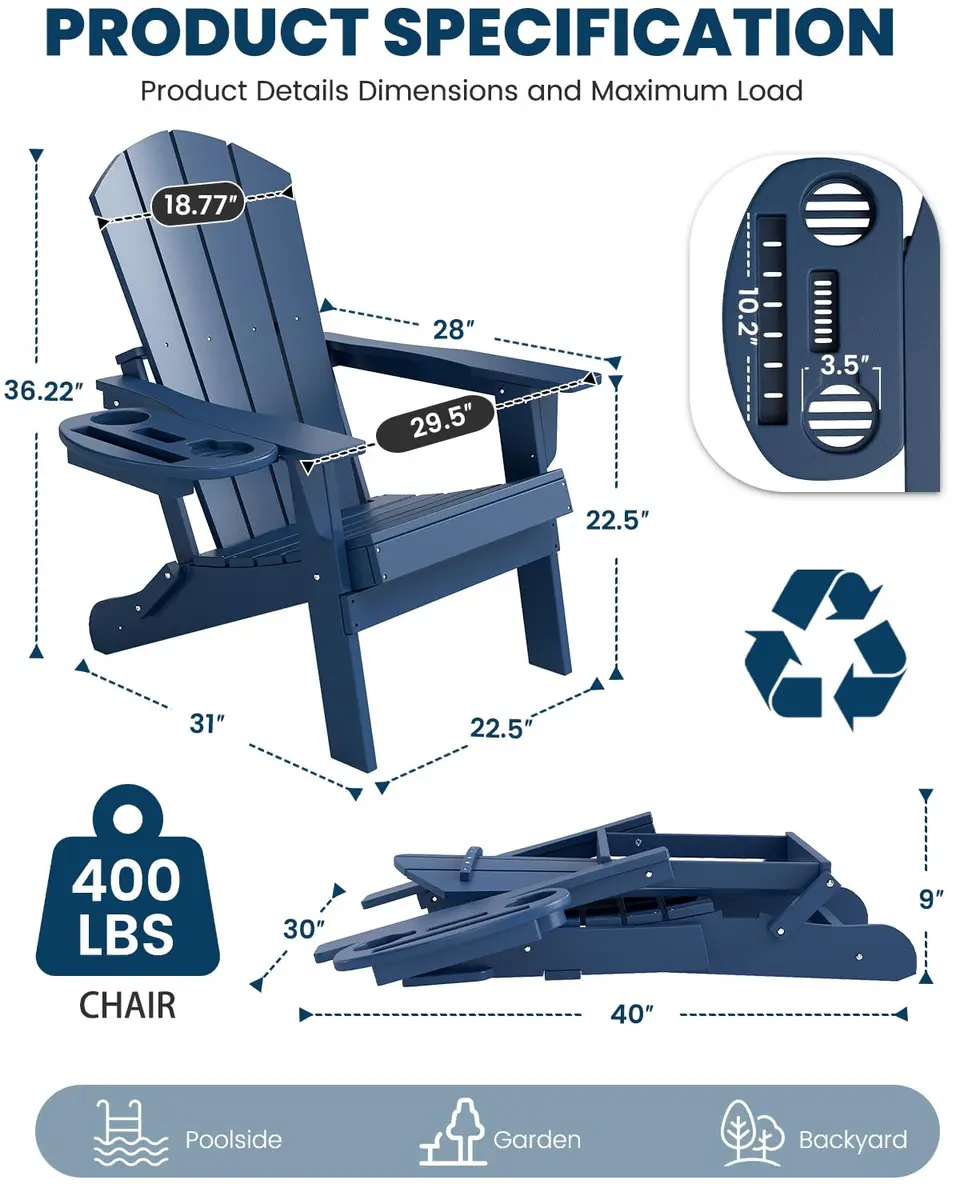 FOOWIN Folding Adirondack Chair Set of 6 | Weatherproof HDPE Outdoor Chairs with 4-in-1 Cup Holder (29.5x31x36 inches) - view 2