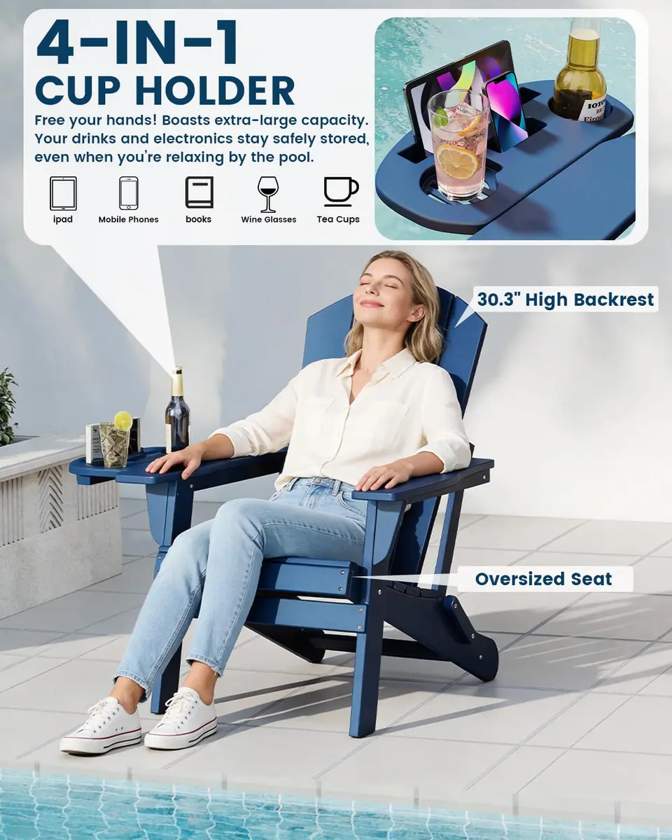 FOOWIN Folding Adirondack Chair Set of 6 | Weatherproof HDPE Outdoor Chairs with 4-in-1 Cup Holder (29.5x31x36 inches) - view 3