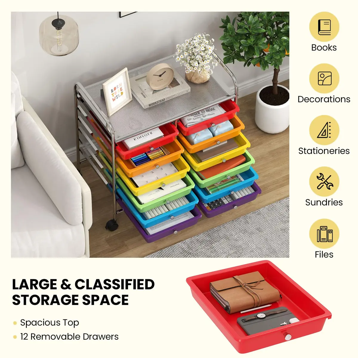 CLEEMAN Storage Drawer Cart 12-Drawer Metal Frame | Multipurpose Mobile Trolley with 12 Removable Drawers - view 6
