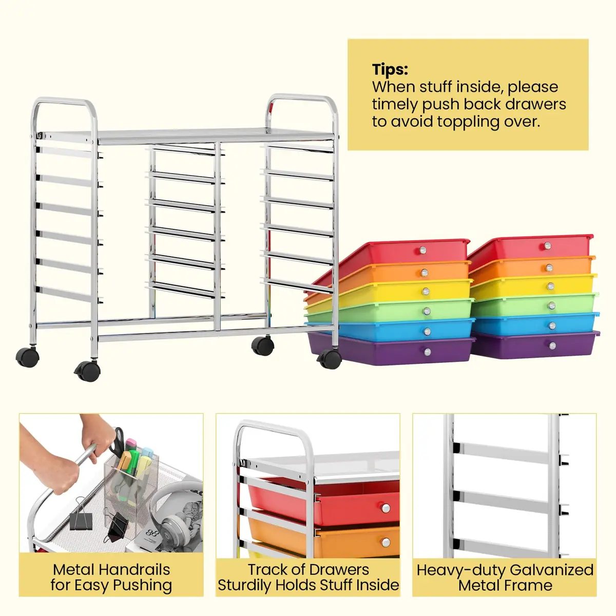 CLEEMAN Storage Drawer Cart 12-Drawer Metal Frame | Multipurpose Mobile Trolley with 12 Removable Drawers - view 4