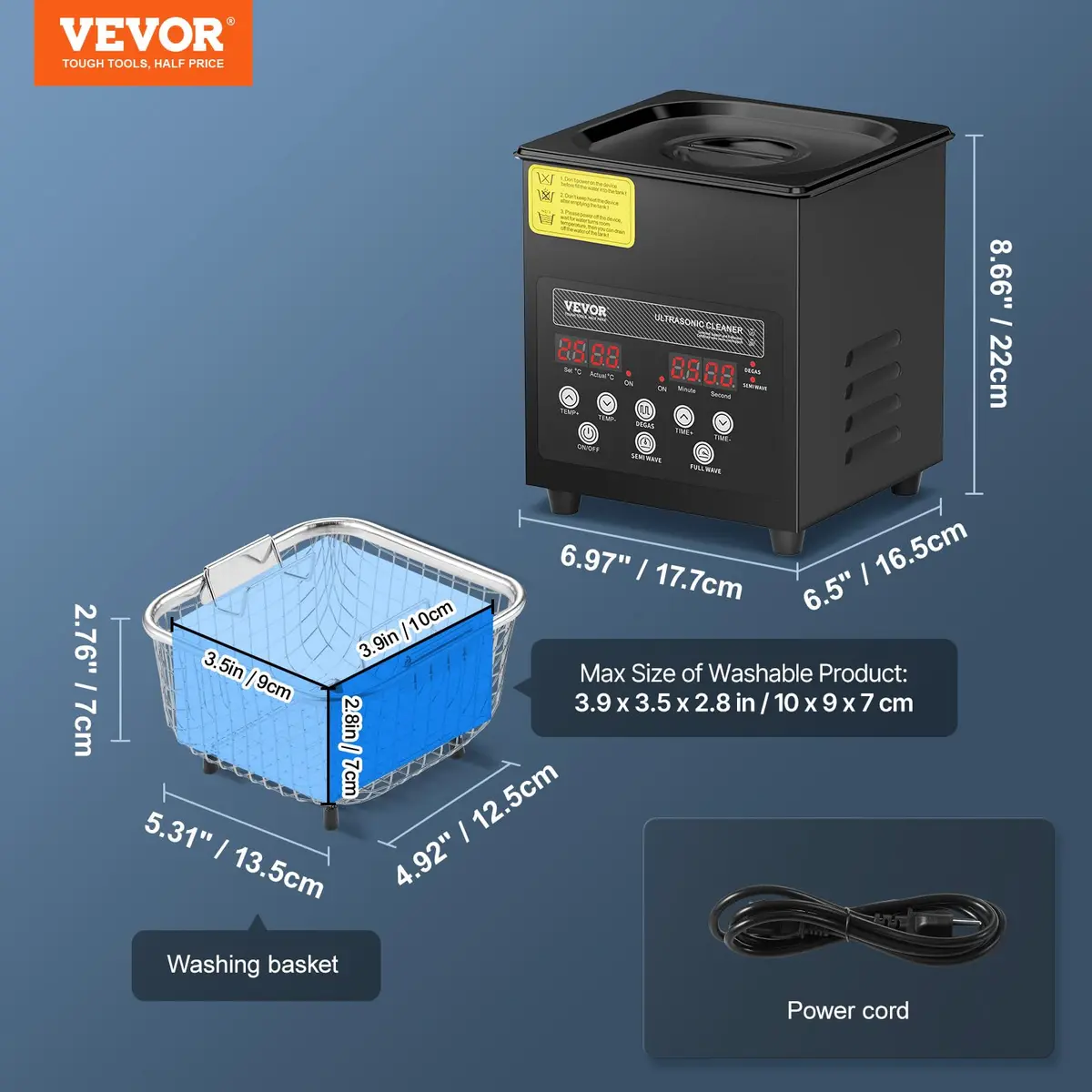VEVOR 2L Ultrasonic Cleaner Machine 120W (7.6"x6.5"x7.5") | Digital Sonic Cleaner with Heater & Degassing - view 7
