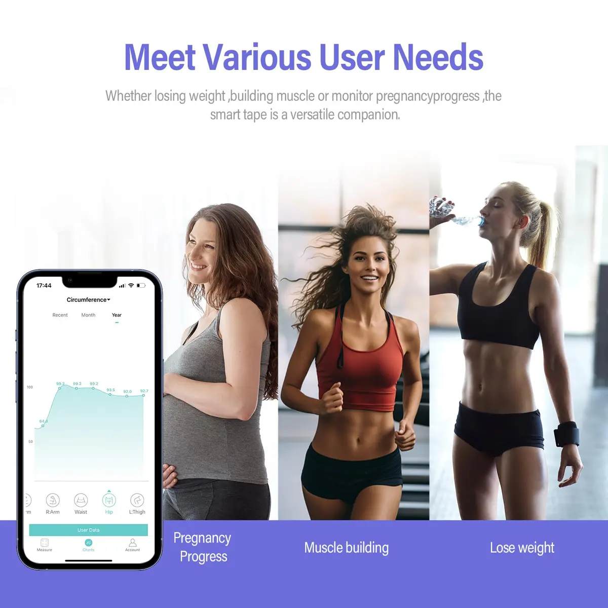 HAIZHIHUI Body Tape Measure Bluetooth Digital with LED, Type-C, 150cm/60in, Purple - view 6