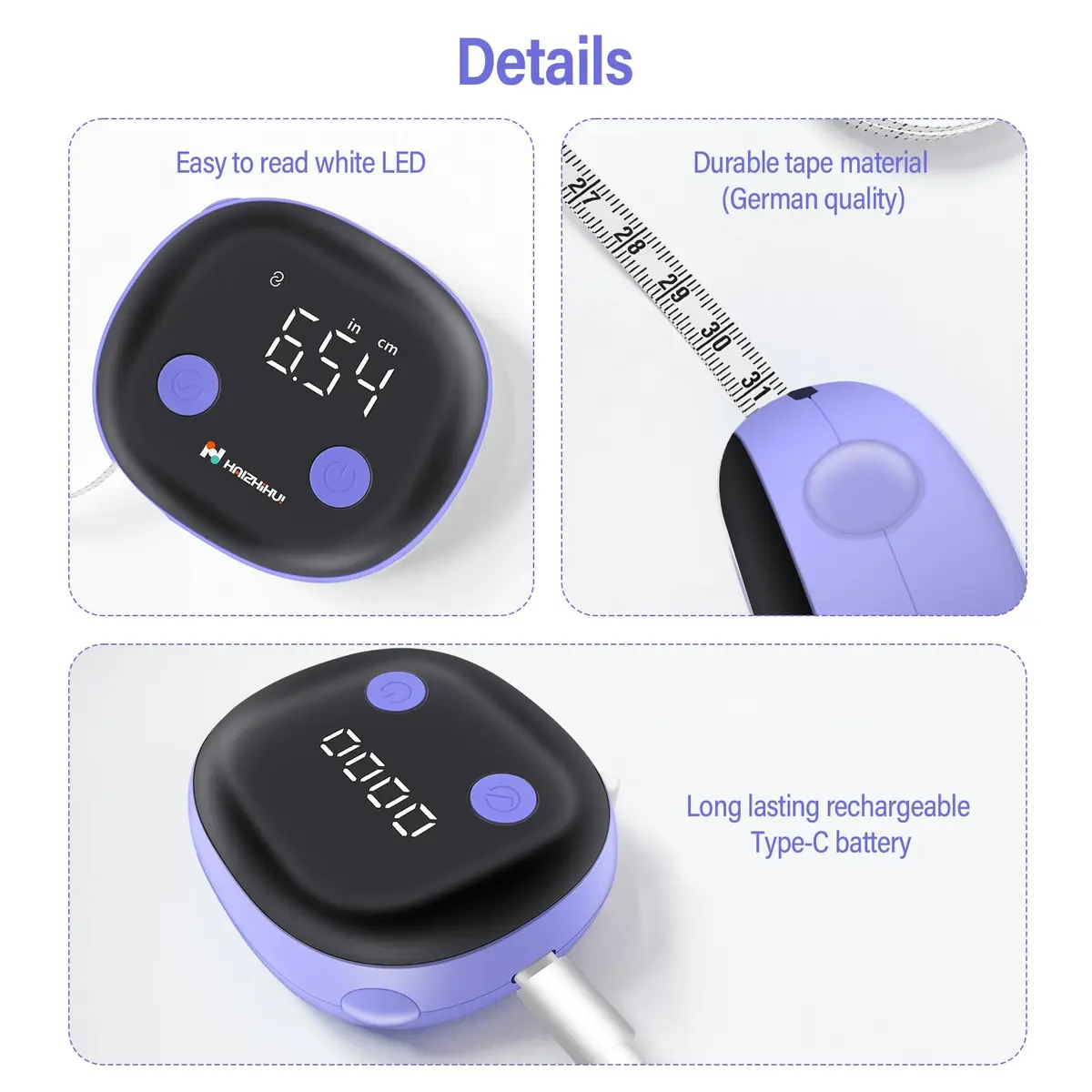 HAIZHIHUI Body Tape Measure Bluetooth Digital with LED, Type-C, 150cm/60in, Purple - view 8