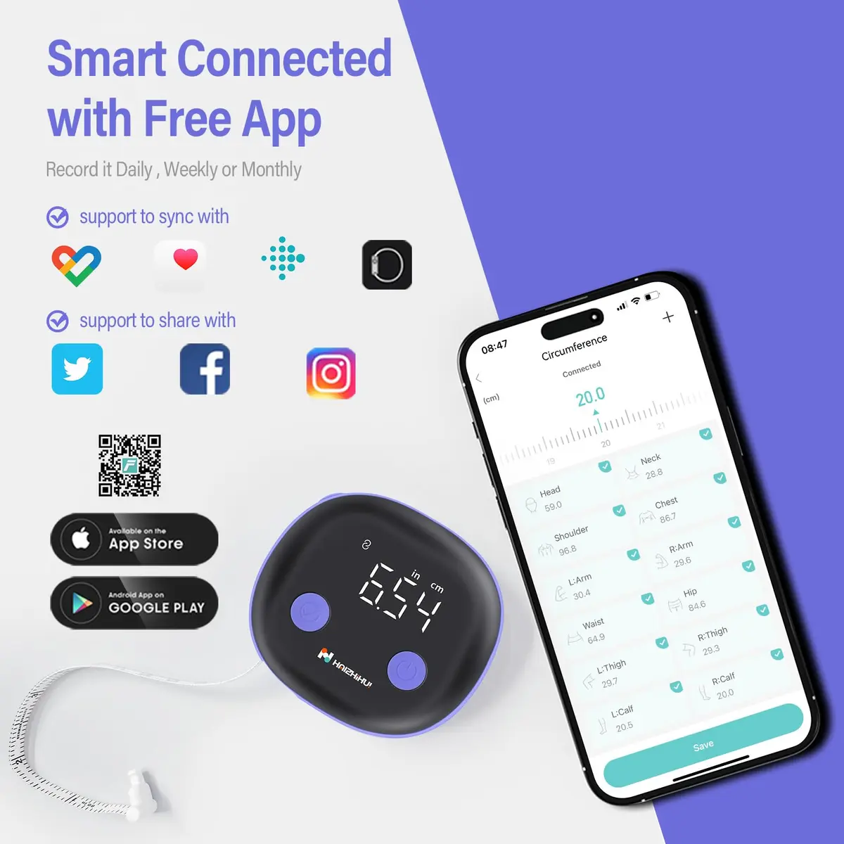 HAIZHIHUI Body Tape Measure Bluetooth Digital with LED, Type-C, 150cm/60in, Purple - view 4