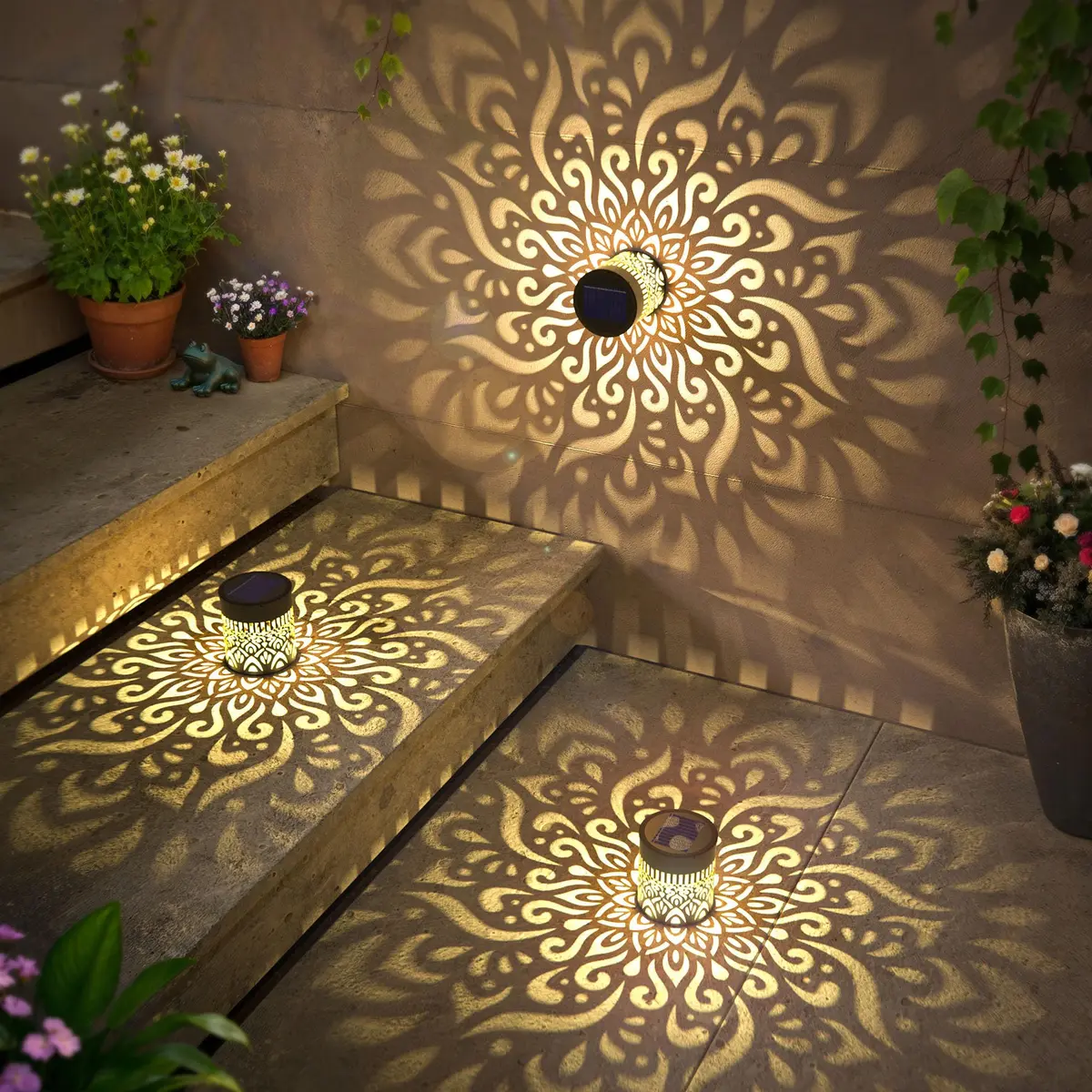 gardencave Large Solar Fence Lights Metal Mandala Pattern Waterproof 4 Pack | Outdoor Wall & Deck Decor - view 5