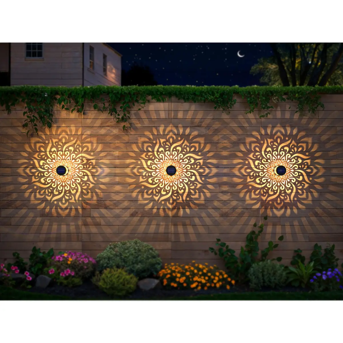 gardencave Large Solar Fence Lights Metal Mandala Pattern Waterproof 4 Pack | Outdoor Wall & Deck Decor - view 7