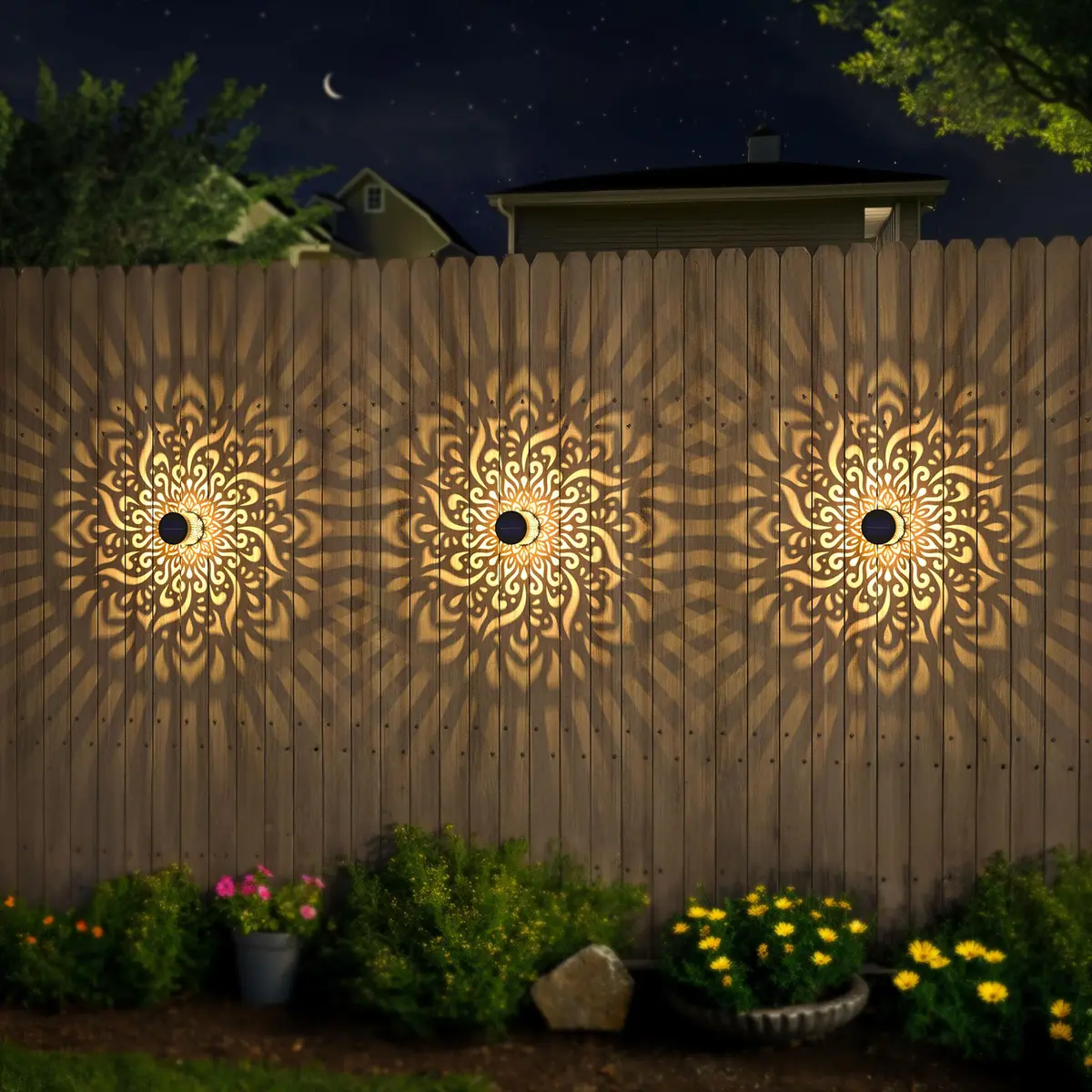 gardencave Large Solar Fence Lights Metal Mandala Pattern Waterproof 4 Pack | Outdoor Wall & Deck Decor - view 3