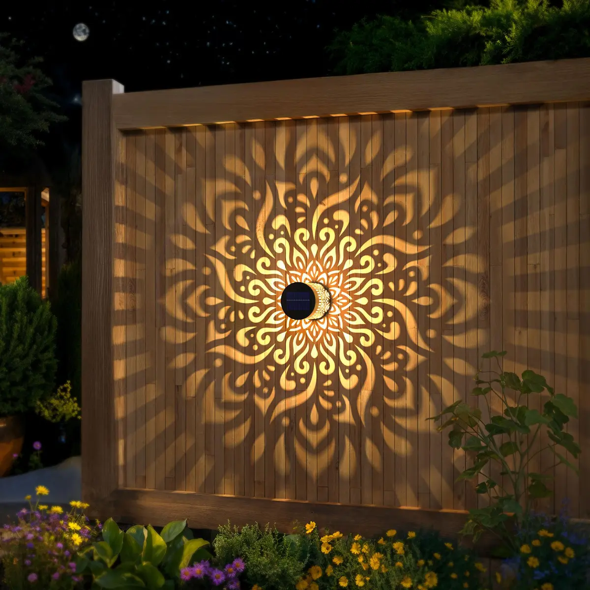 gardencave Large Solar Fence Lights Metal Mandala Pattern Waterproof 4 Pack | Outdoor Wall & Deck Decor - view 4