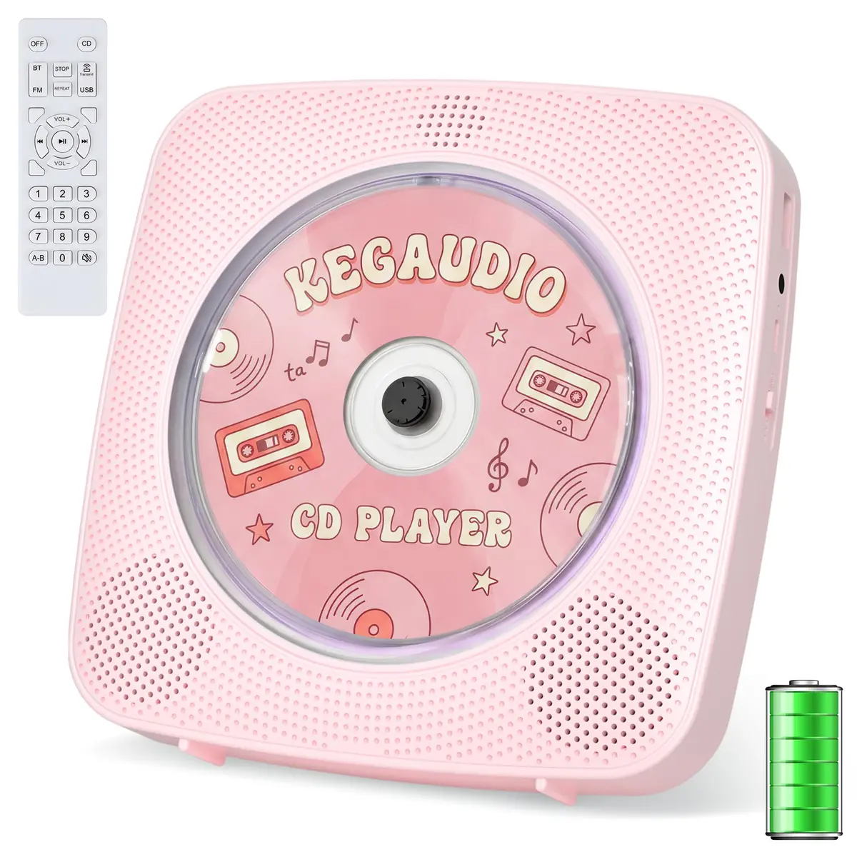 Kegaudio Portable Bluetooth CD Player with Speakers & FM Radio, 1800mAh Rechargeable, Pink | All-in-One Audio Player - main product image