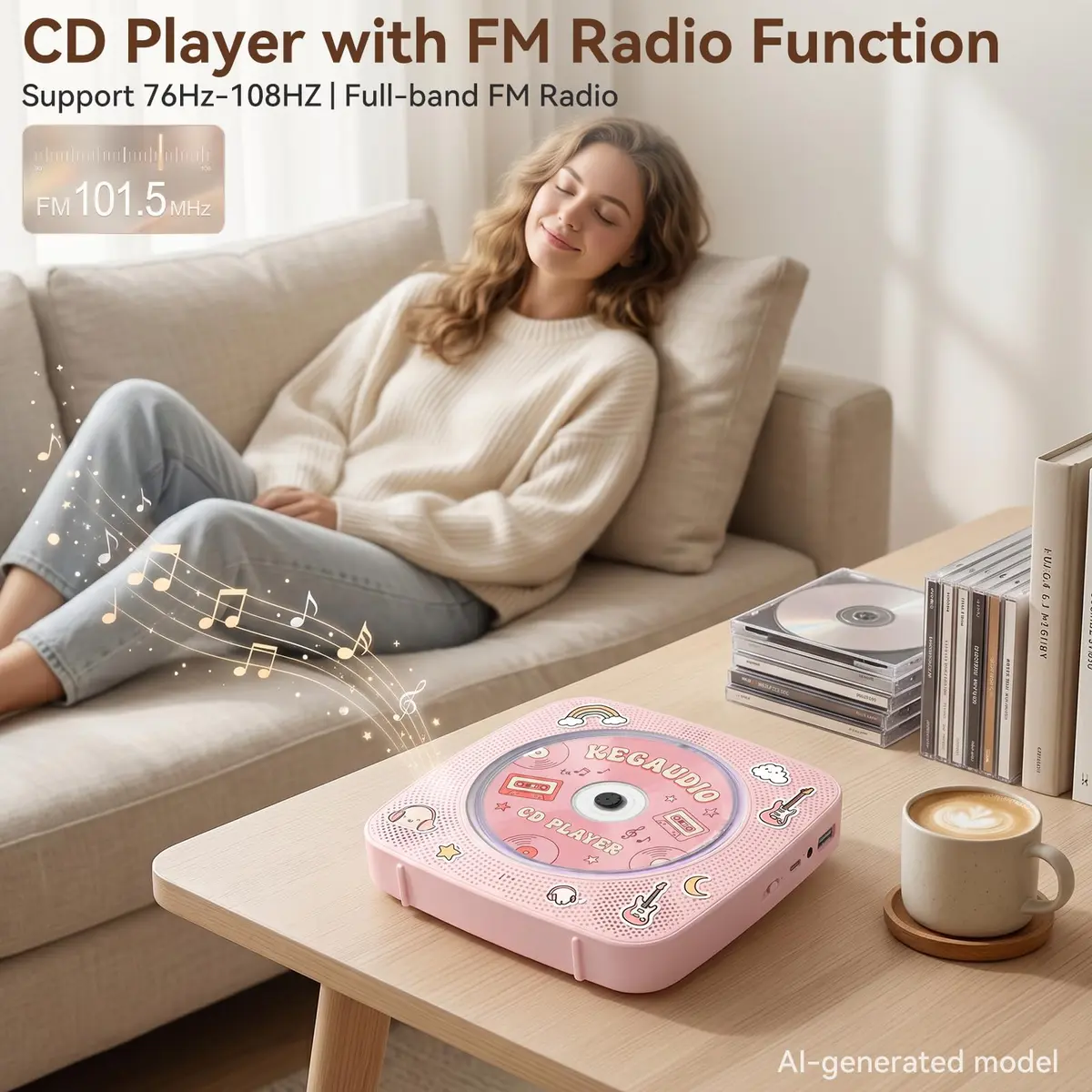 Kegaudio Portable Bluetooth CD Player with Speakers & FM Radio, 1800mAh Rechargeable, Pink | All-in-One Audio Player - view 6