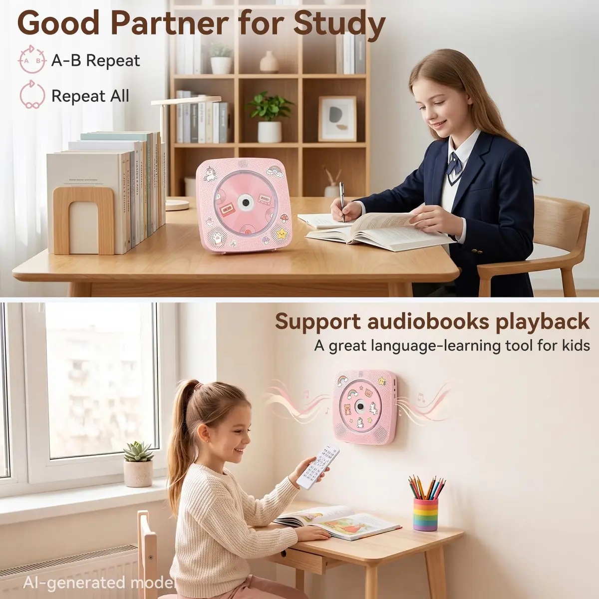 Kegaudio Portable Bluetooth CD Player with Speakers & FM Radio, 1800mAh Rechargeable, Pink | All-in-One Audio Player - view 7