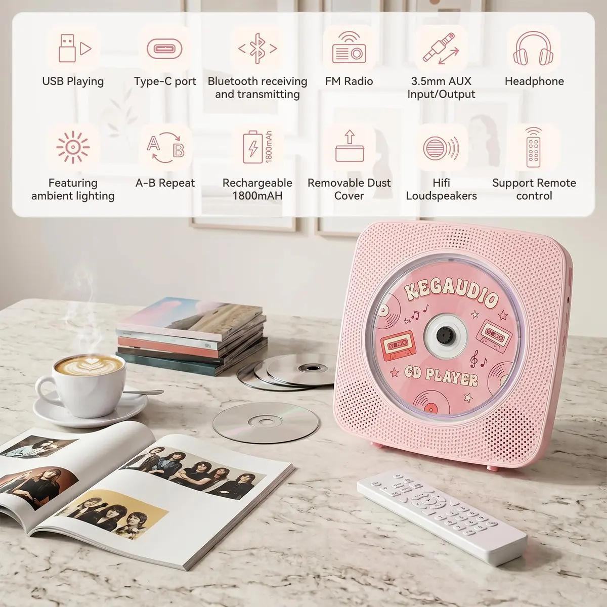 Kegaudio Portable Bluetooth CD Player with Speakers & FM Radio, 1800mAh Rechargeable, Pink | All-in-One Audio Player - view 9