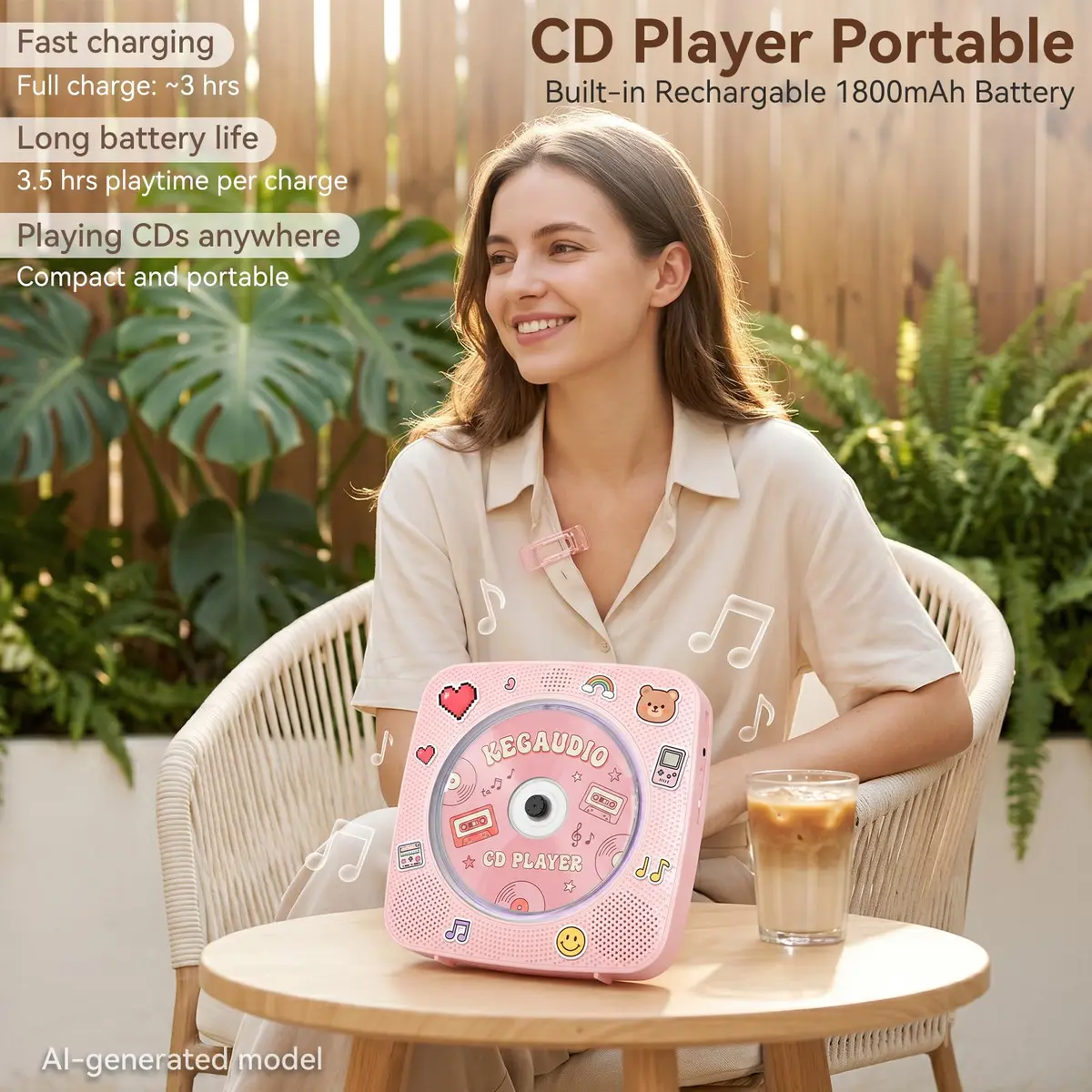 Kegaudio Portable Bluetooth CD Player with Speakers & FM Radio, 1800mAh Rechargeable, Pink | All-in-One Audio Player - view 2