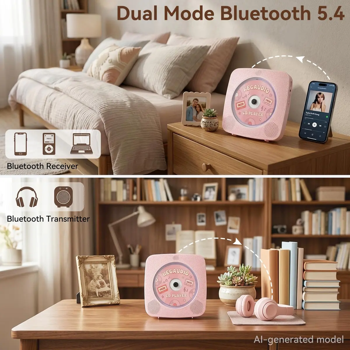 Kegaudio Portable Bluetooth CD Player with Speakers & FM Radio, 1800mAh Rechargeable, Pink | All-in-One Audio Player - view 3