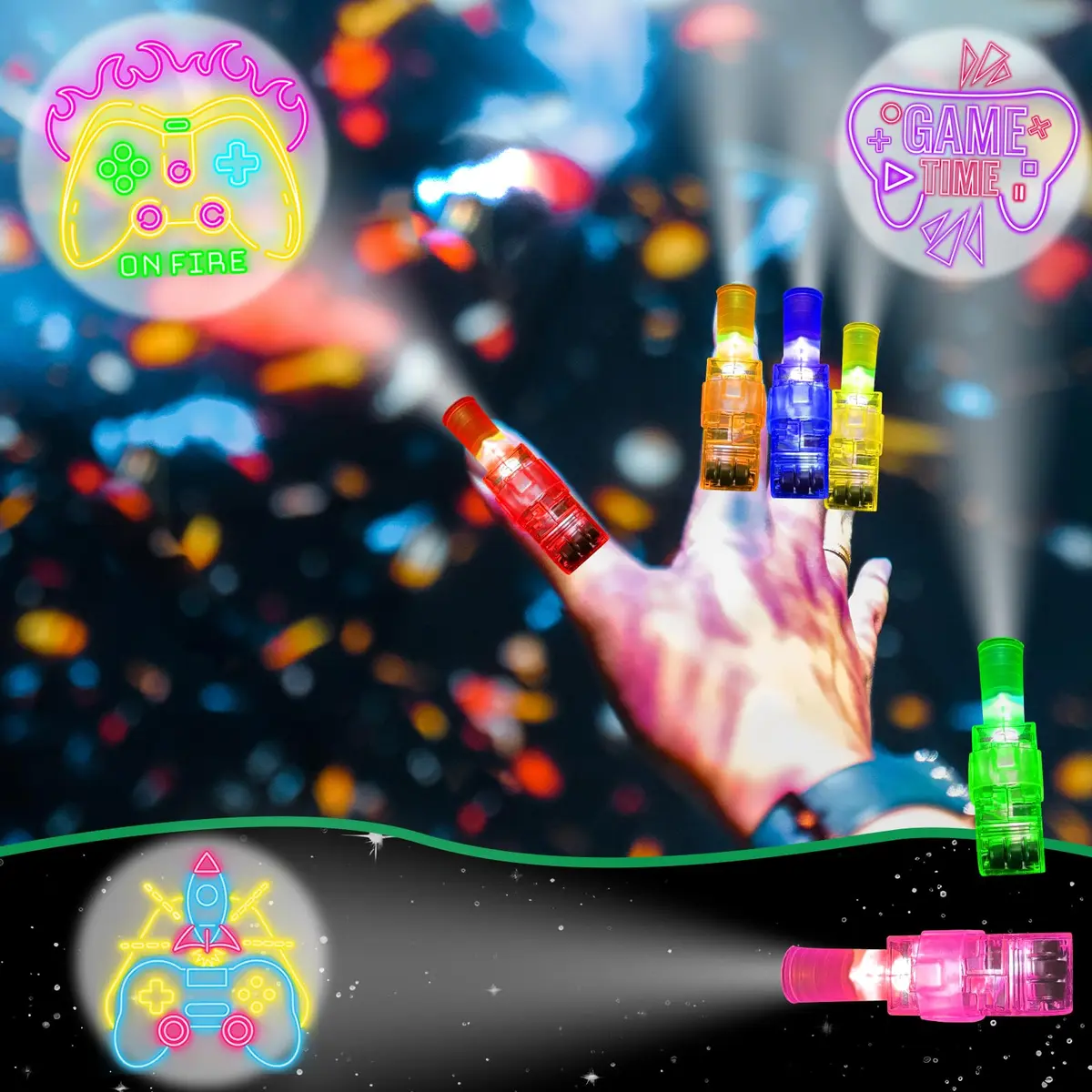 BleSky Video Game Party Favors LED Finger Lights | Glow in the Dark Toys for Kids & Teens (24 Pack, Reusable, Adjustable Straps) - view 6