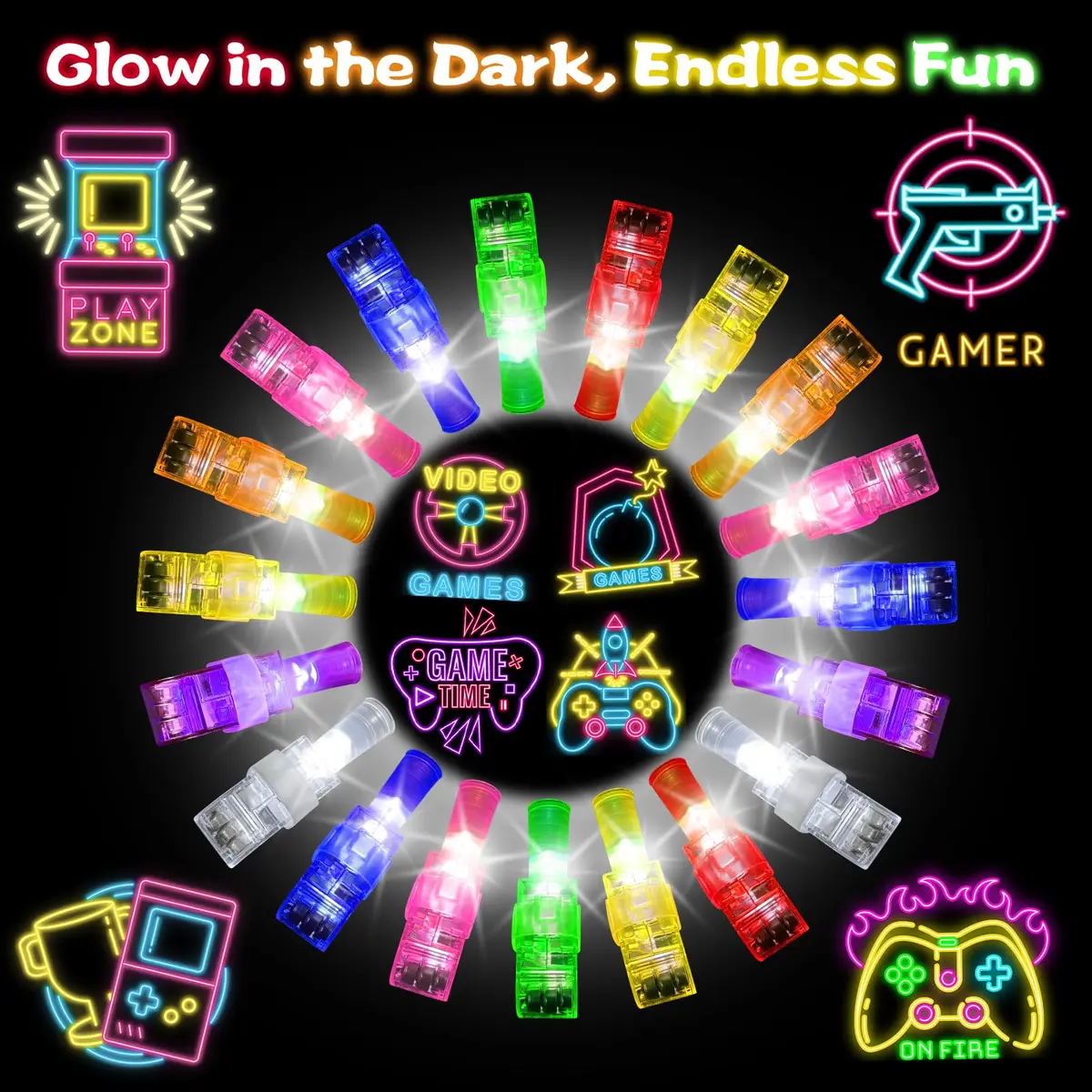 BleSky Video Game Party Favors LED Finger Lights | Glow in the Dark Toys for Kids & Teens (24 Pack, Reusable, Adjustable Straps) - view 3