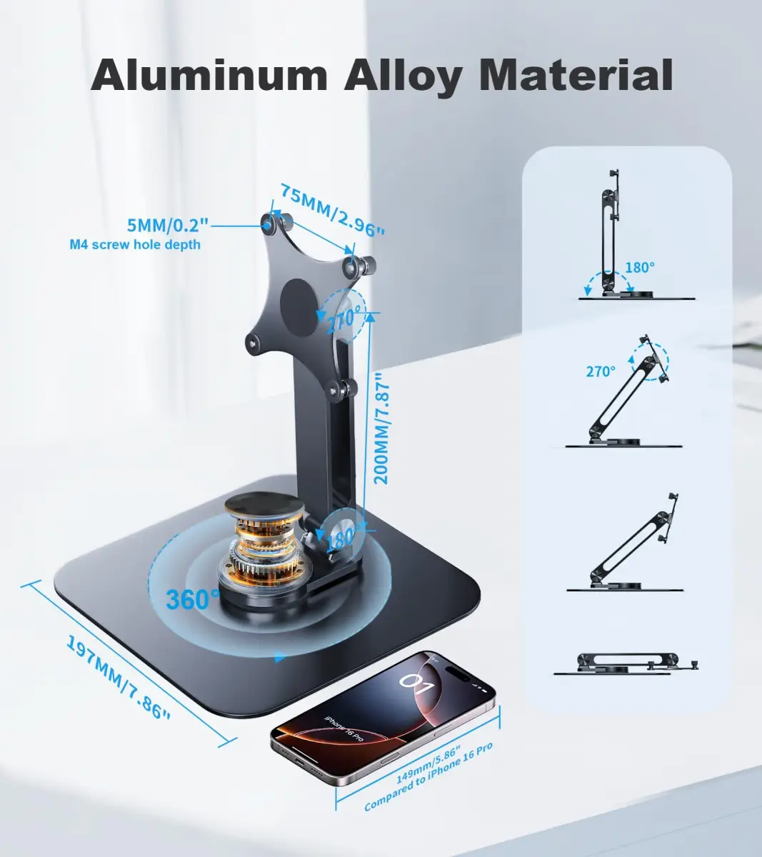 JUNEBOX Black Aluminum Alloy VESA Monitor Stand with Anti-Loss Screws, Fits 7"-18" Monitors (75x75mm VESA) | Stable Desk Mount - view 3
