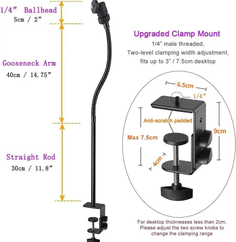 Etubby Webcam Stand Phone Holder Desktop Adjustable Gooseneck & Pole Video Clamp 7.5cm Clamp | Supports Logitech Webcam C922 C930e C920S - view 3