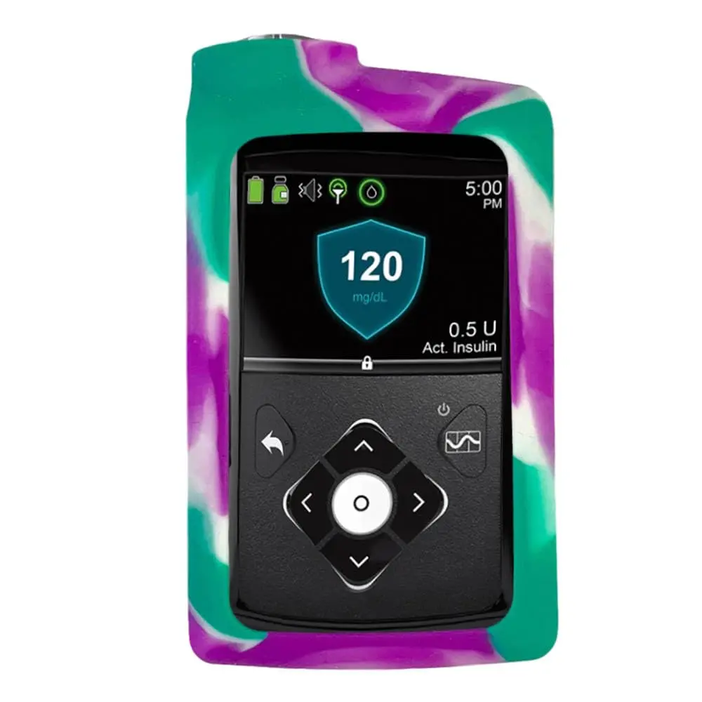 Sugar Medical Medtronic Silicone Protective Insulin Pump Cover for MiniMed 630G/640G/670G/770G/780G Pumps, Purple/Green/White (1-Pack) - main product image