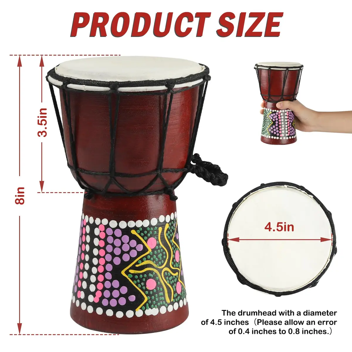 GOGHOST Mini Wood Djembe Drum 11.4cm (4.5'') x 20.3cm (8'') | Authentic African Hand Drum with Goatskin Head - view 2