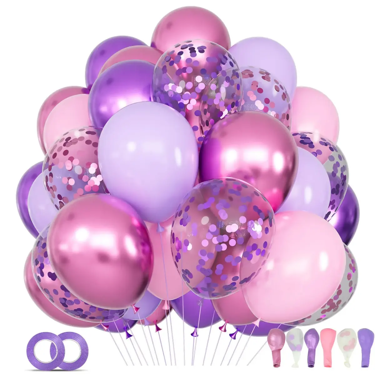KUULBELA 68Pcs Pink and Purple Balloons 12 Inch Metallic Purple Pink Latex Balloon Confetti Balloons with Ribbons | Party Decorations - main product image