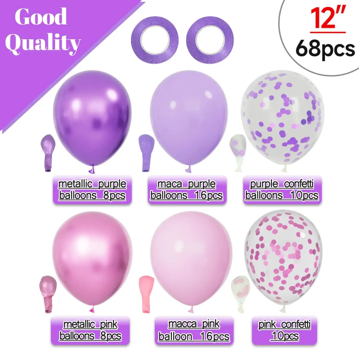 KUULBELA 68Pcs Pink and Purple Balloons 12 Inch Metallic Purple Pink Latex Balloon Confetti Balloons with Ribbons | Party Decorations - view 2