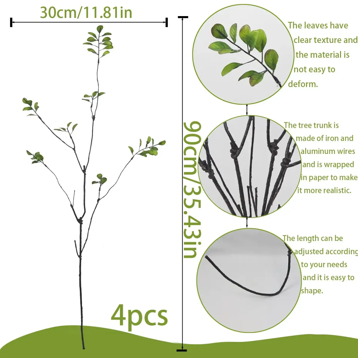 ACRYCS Green Faux Branches 90cm (35.4in) | 4 Pcs Artificial Greenery Stems for Vase Filler - view 2