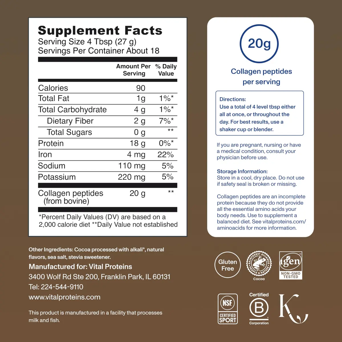 Vital Proteins Grass Fed Collagen Powder Chocolate 17.1 oz (485 g) | Supports Hair, Skin, Joints & Bones - view 6