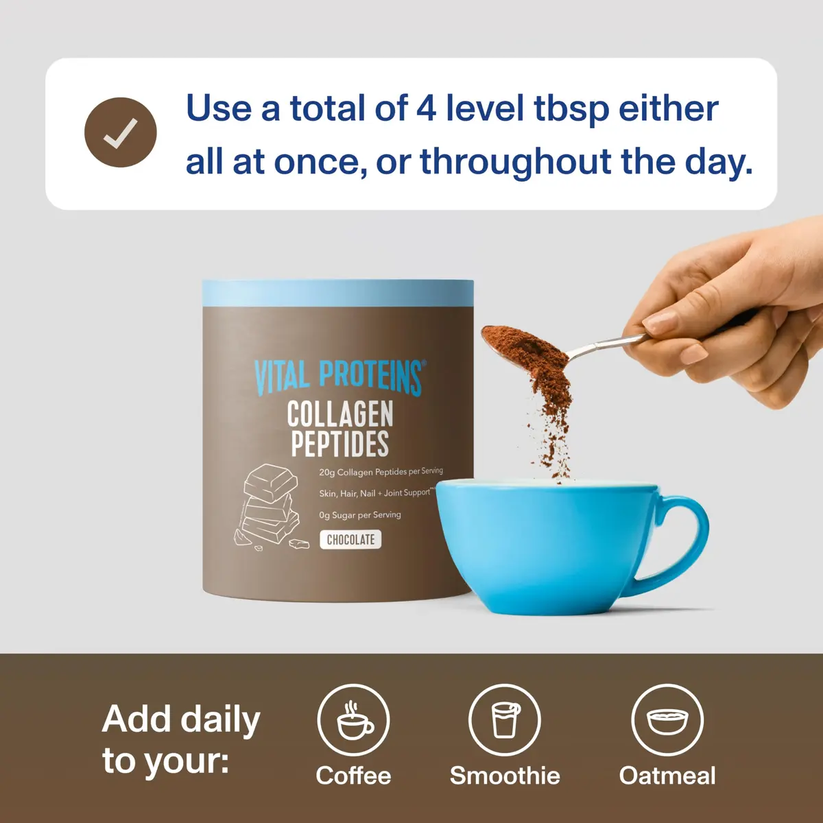 Vital Proteins Grass Fed Collagen Powder Chocolate 17.1 oz (485 g) | Supports Hair, Skin, Joints & Bones - view 8