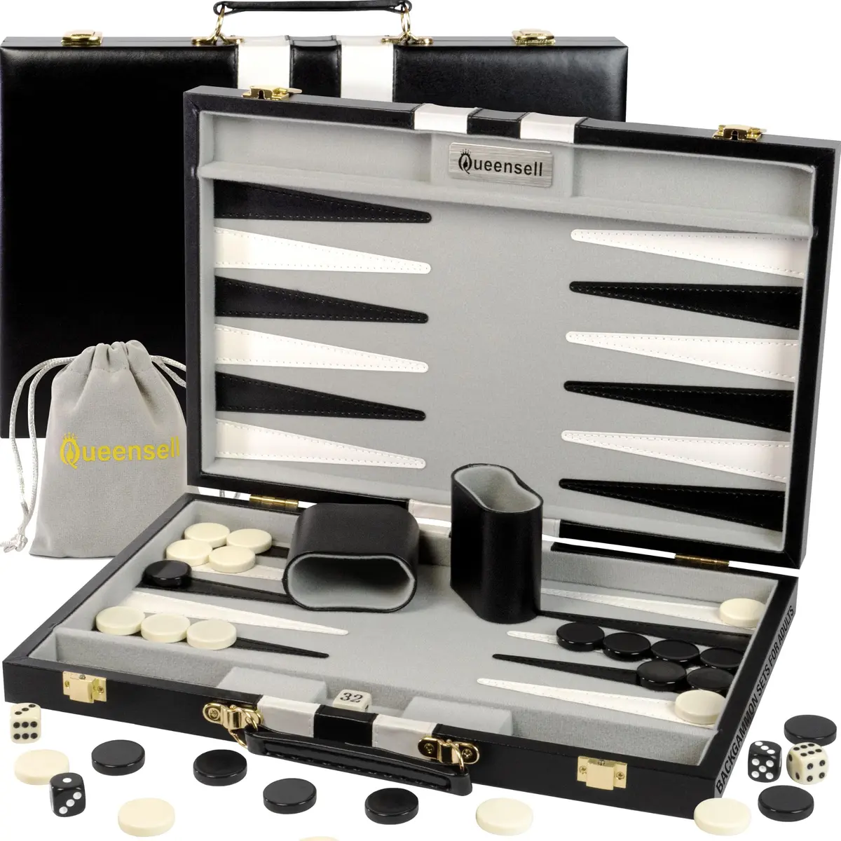 Queensell Large Black Backgammon Set 38.1 cm (15 Inch) | Classic Strategy Board Game for 2 Players - main product image