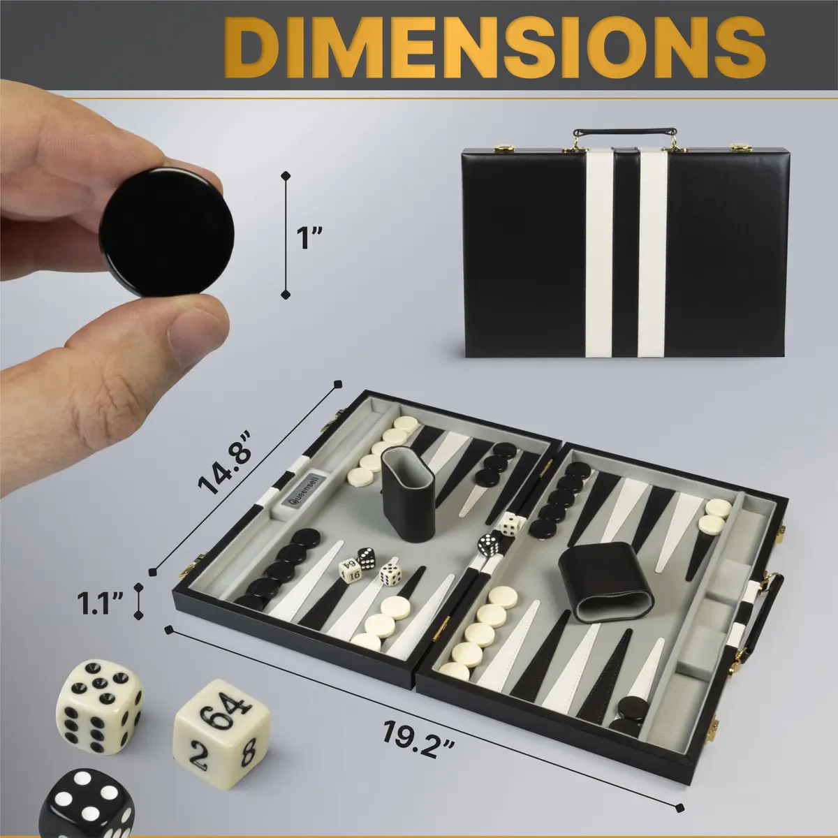 Queensell Large Black Backgammon Set 38.1 cm (15 Inch) | Classic Strategy Board Game for 2 Players - view 5