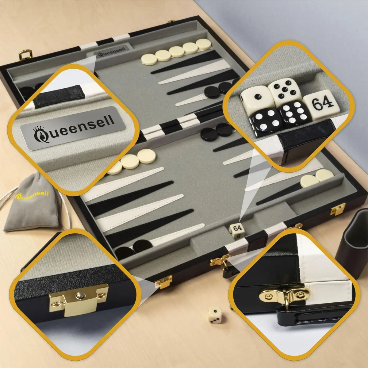 Queensell Large Black Backgammon Set 38.1 cm (15 Inch) | Classic Strategy Board Game for 2 Players - view 8