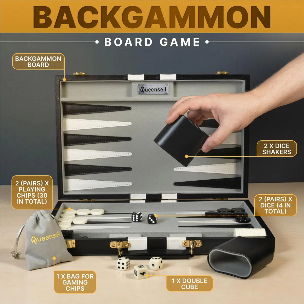 Queensell Large Black Backgammon Set 38.1 cm (15 Inch) | Classic Strategy Board Game for 2 Players - view 4