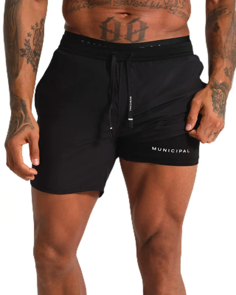 MUNICIPAL Men's Daybreak Lined 5" Shorts, Black, Large | Comfortable Active Shorts with Pockets - main product image
