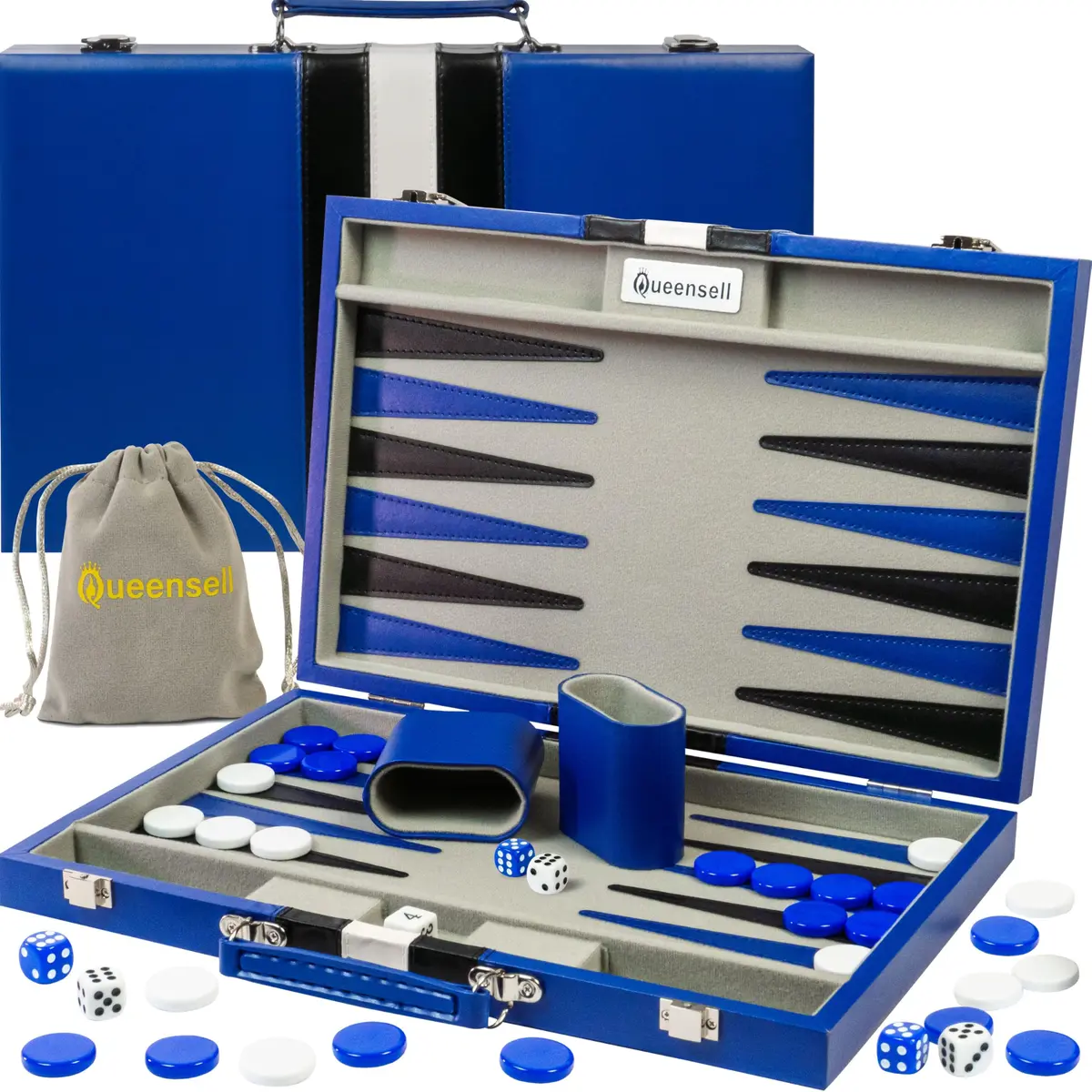 Queensell Blue Backgammon Board Game Set 38.1 cm (15 Inch) | Classic Strategy Game for 2 Players - main product image