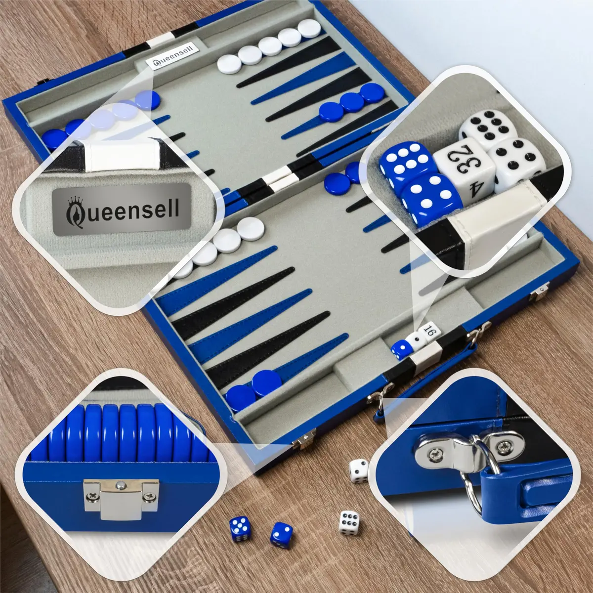 Queensell Blue Backgammon Board Game Set 38.1 cm (15 Inch) | Classic Strategy Game for 2 Players - view 7