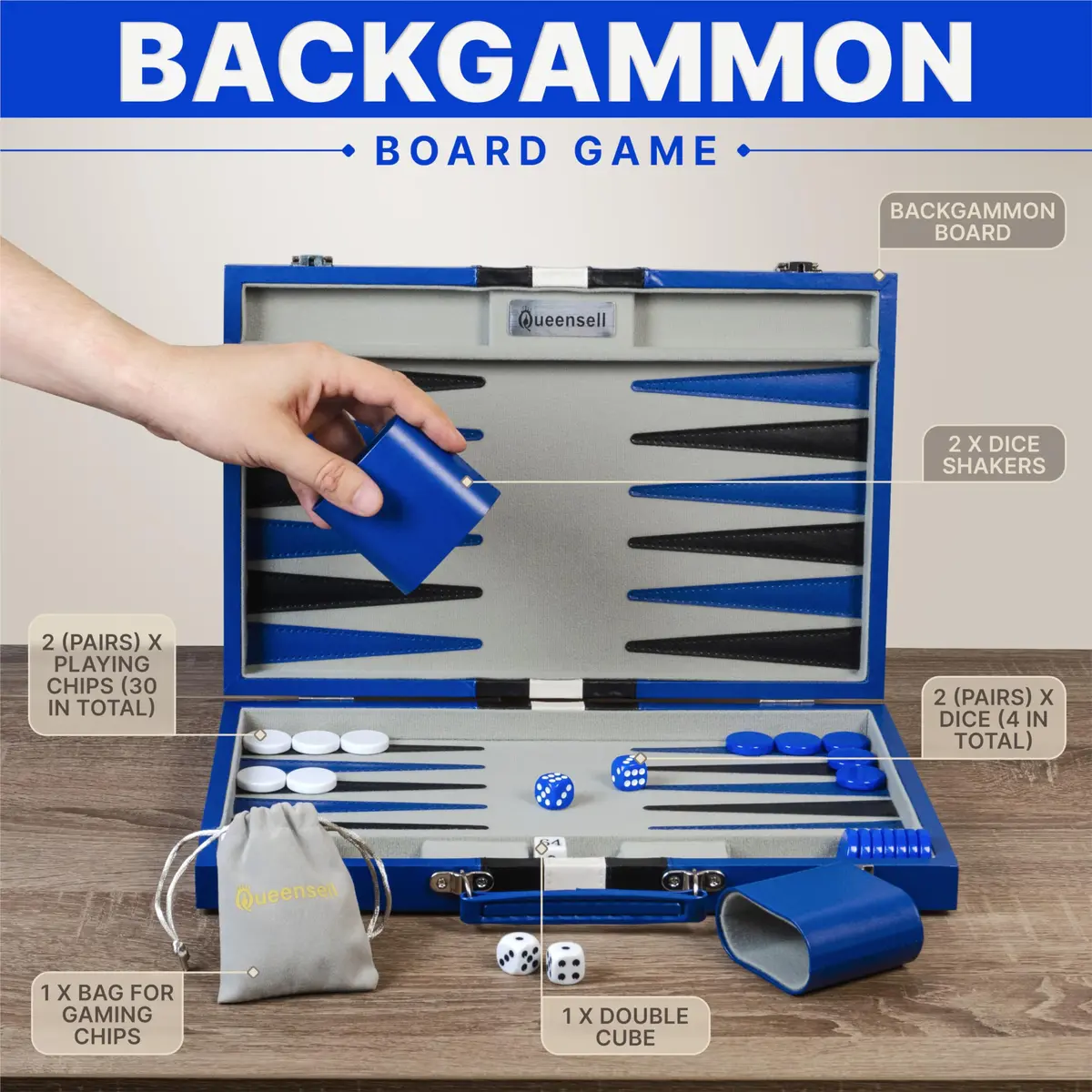 Queensell Blue Backgammon Board Game Set 38.1 cm (15 Inch) | Classic Strategy Game for 2 Players - view 2
