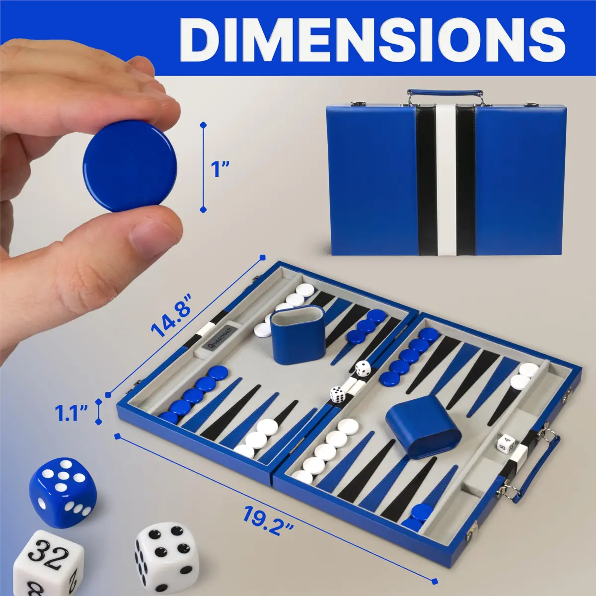 Queensell Blue Backgammon Board Game Set 38.1 cm (15 Inch) | Classic Strategy Game for 2 Players - view 3