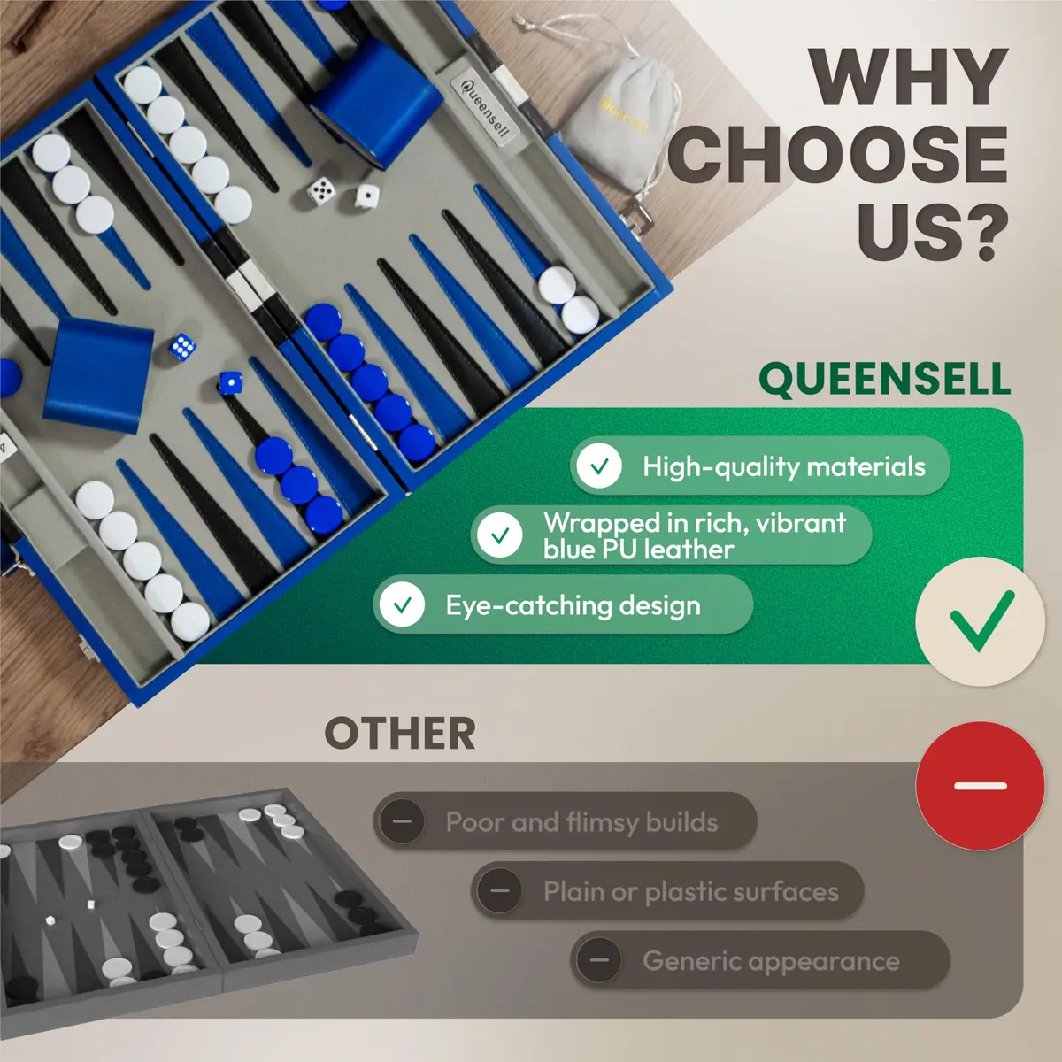 Queensell Blue Backgammon Board Game Set 38.1 cm (15 Inch) | Classic Strategy Game for 2 Players - view 4