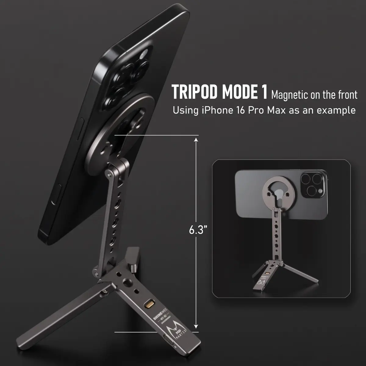 SHINEWEE Magnetic Tripod for iPhone 12-17 | Magsafe Mount with Hook & Cold Shoe (88mm folded, 140mm height) - view 3