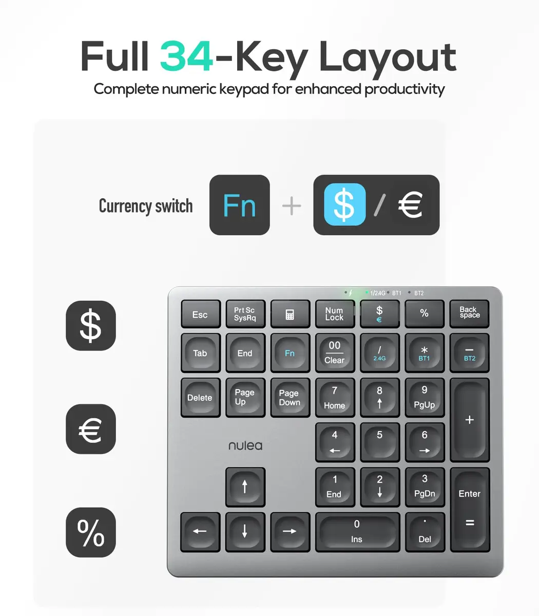 Nulea Wireless Number Pad for Laptop with Bluetooth 5.0 & 2.4G Connection, 34-Key Numeric Keypad with USB-C Charging | Ergonomic Slim Design for Productivity - view 5