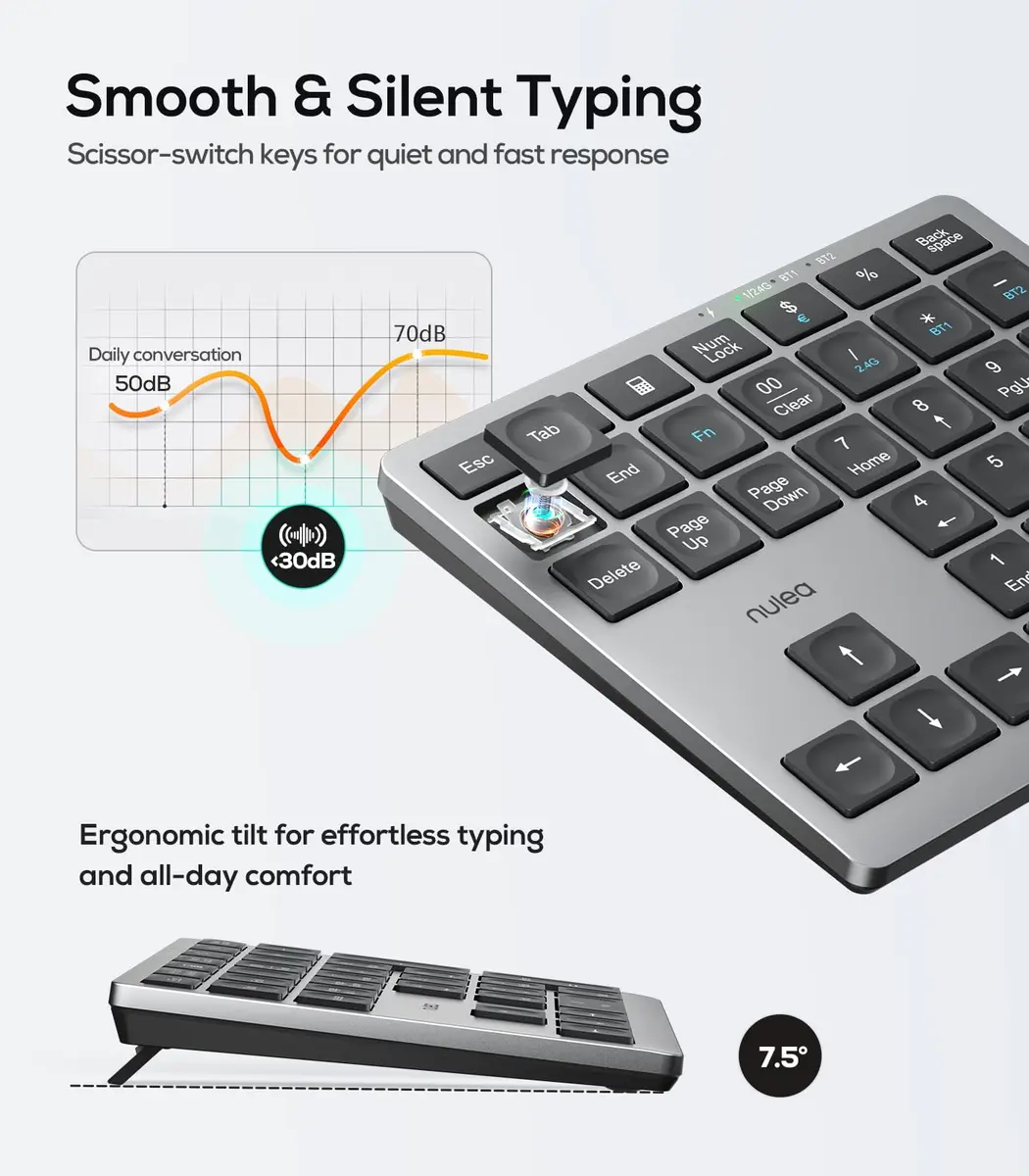 Nulea Wireless Number Pad for Laptop with Bluetooth 5.0 & 2.4G Connection, 34-Key Numeric Keypad with USB-C Charging | Ergonomic Slim Design for Productivity - view 7