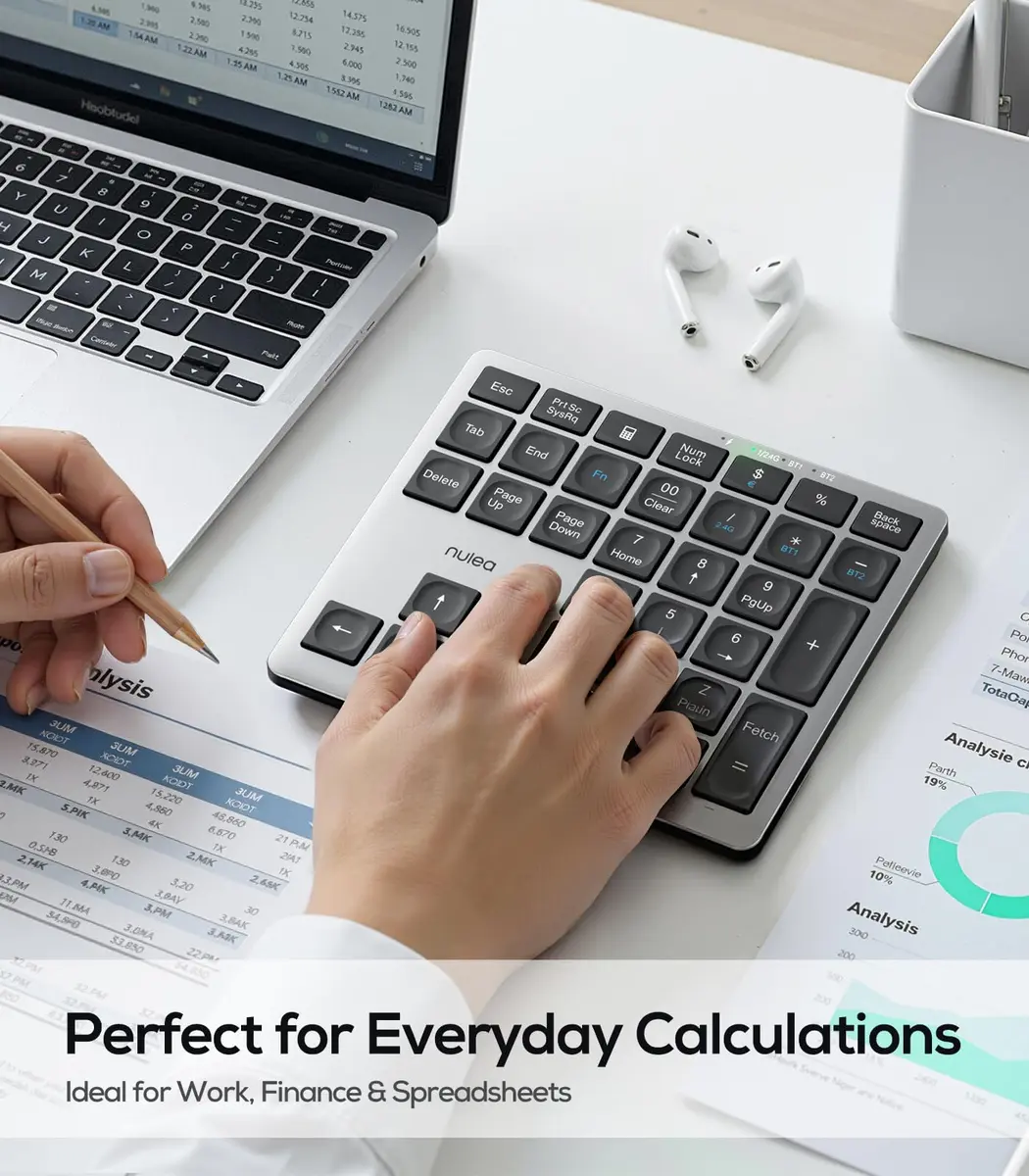 Nulea Wireless Number Pad for Laptop with Bluetooth 5.0 & 2.4G Connection, 34-Key Numeric Keypad with USB-C Charging | Ergonomic Slim Design for Productivity - view 8
