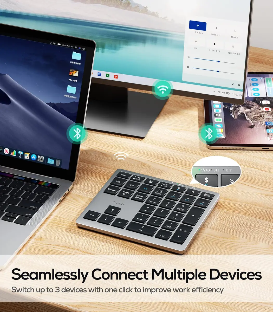 Nulea Wireless Number Pad for Laptop with Bluetooth 5.0 & 2.4G Connection, 34-Key Numeric Keypad with USB-C Charging | Ergonomic Slim Design for Productivity - view 2