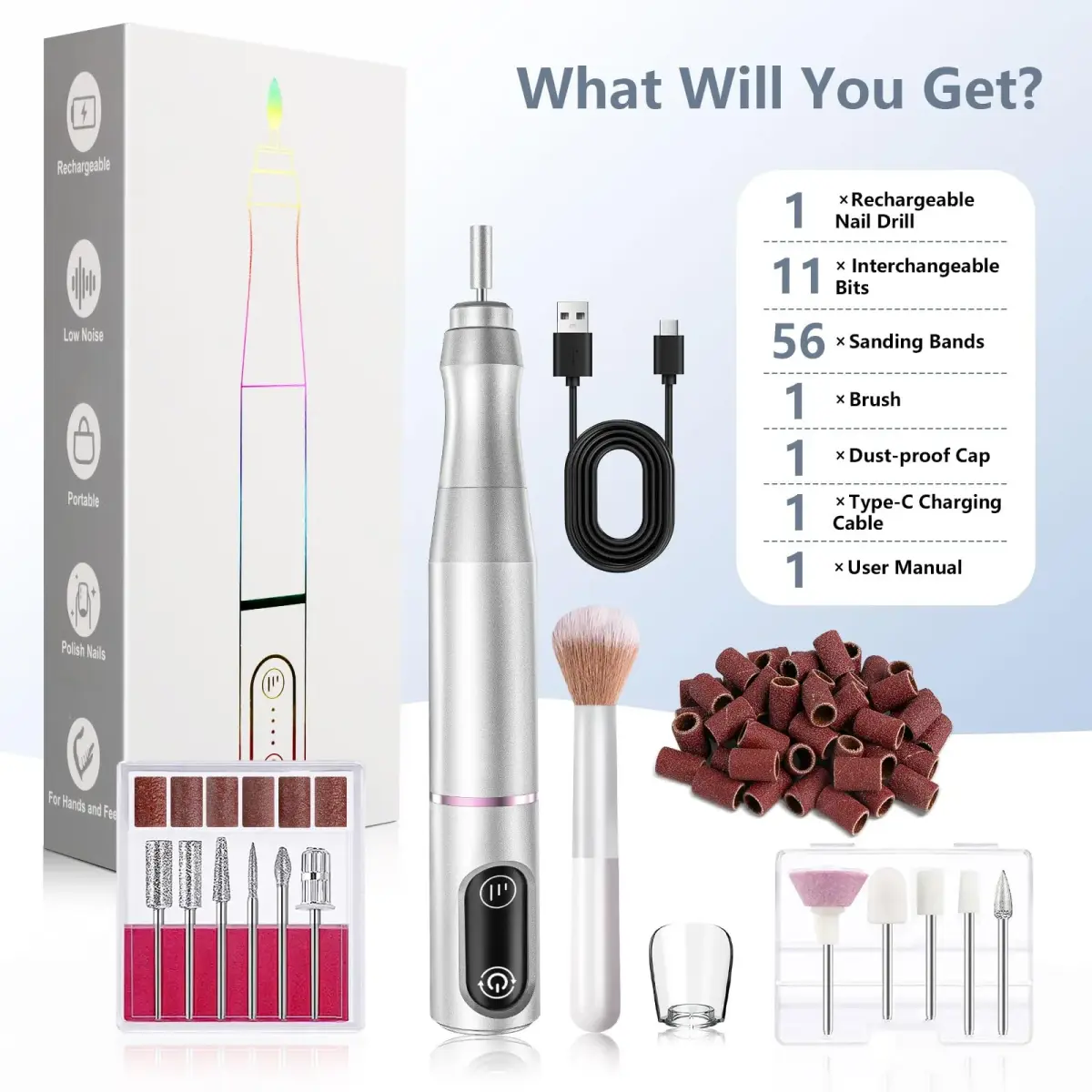 TUOBEO Cordless Nail Drill Electric Nail File Kit, Rechargeable Efile Set with 11 Bits & 56 Bands | 7-Hour Use, 20,000 RPM - view 8