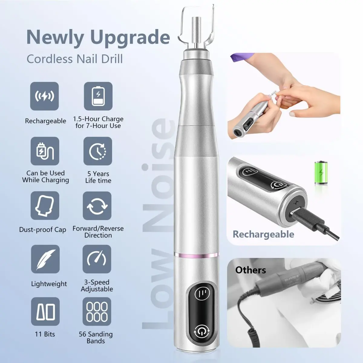 TUOBEO Cordless Nail Drill Electric Nail File Kit, Rechargeable Efile Set with 11 Bits & 56 Bands | 7-Hour Use, 20,000 RPM - view 3