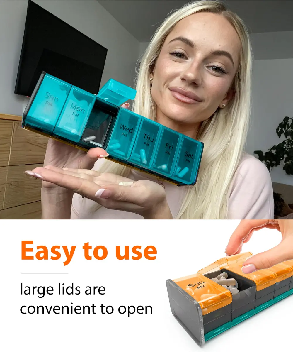 BEXEEN Extra Large Pill Organizer XXL Vitamin Holder with 14 Big AM PM Compartments | 2 Times a Day Weekly Medicine Dispenser - view 7