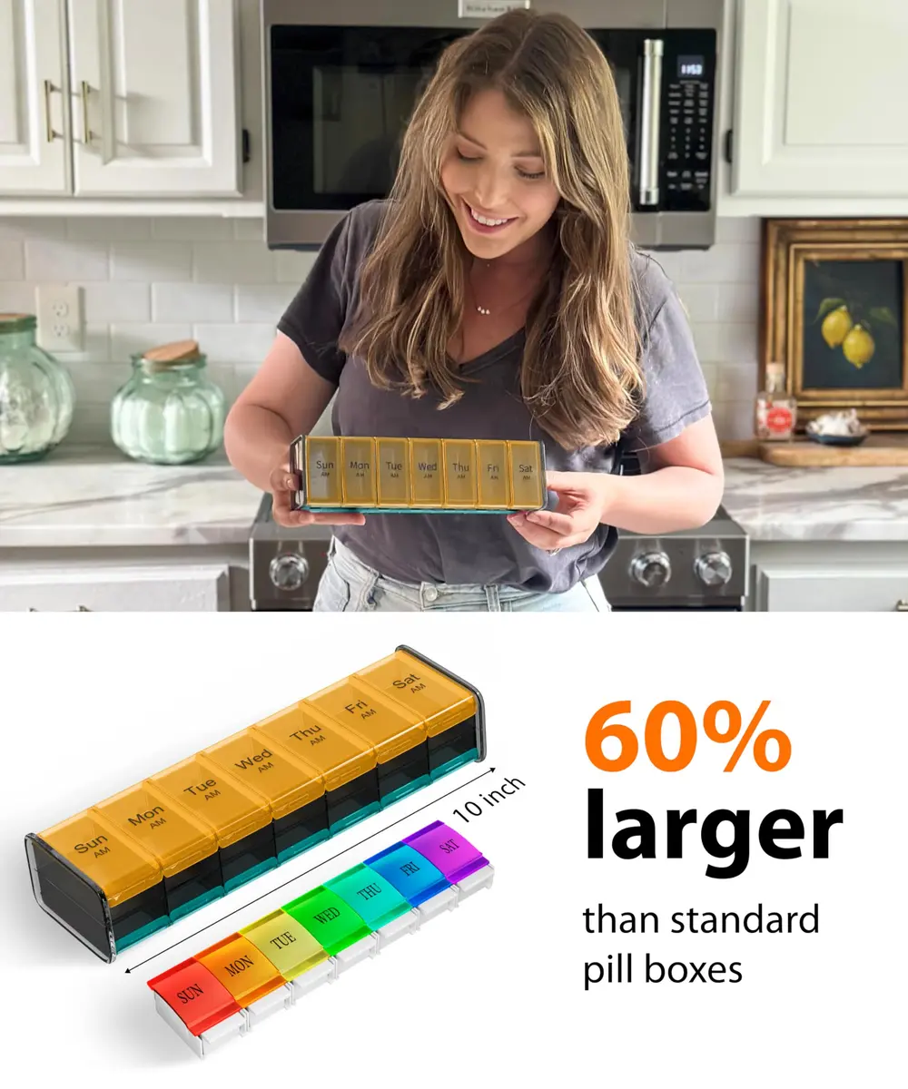 BEXEEN Extra Large Pill Organizer XXL Vitamin Holder with 14 Big AM PM Compartments | 2 Times a Day Weekly Medicine Dispenser - view 2