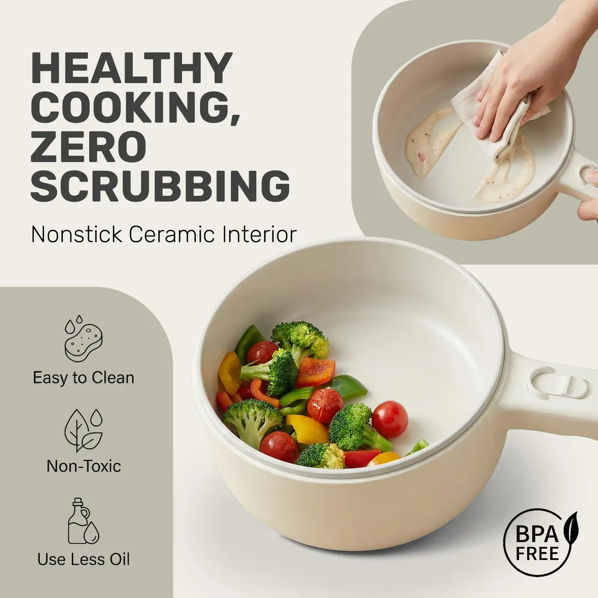 CERAMAX PRO 1.5L Electric Hot Pot with Lid & Steamer | Compact, Non-Toxic Ceramic, Rapid Heating - view 4
