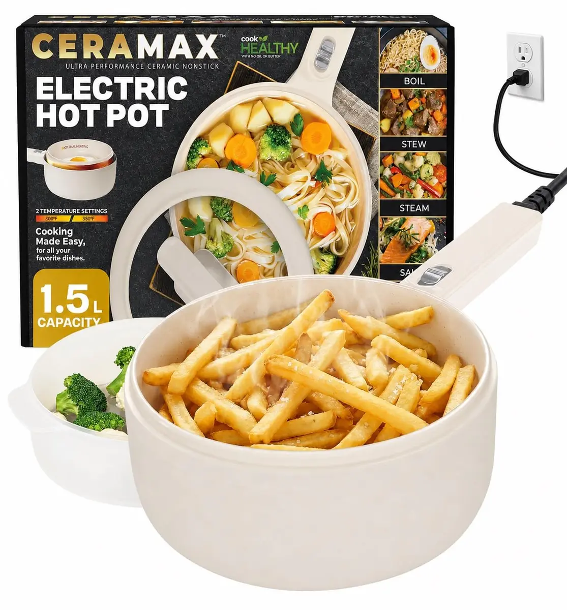 CERAMAX PRO 1.5L Electric Hot Pot with Lid & Steamer | Compact, Non-Toxic Ceramic, Rapid Heating - main product image